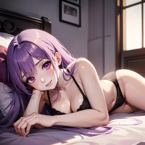 (Masterpiece), Best Quality, expressive eyes, a perfect face, 1girl,solo, purple hair, lilac hair, ash hair, red eyes, Big Breast, Smile, underwear, black panties, black bra, pink bows, liying on bed, lying on  back