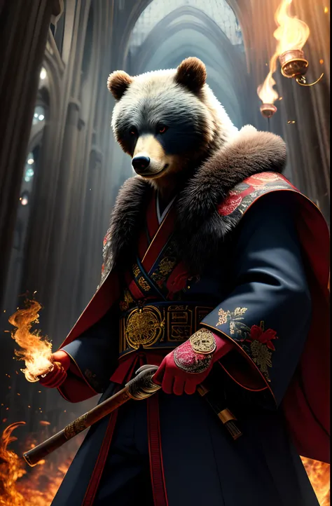 extremely detailed 8k wallpaper），iintricate，detail-rich，dramatics, Bear with white kimono，preparing to fight，The sinister face is drawn underneath, only a pair of red eyes peek，Graphic madness，Light is reflected on the ornaments，Bright ash seeped from the ...