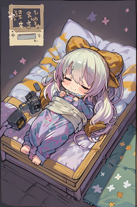 masutepiece, Best Quality, 1 girl, Solo, effect, Dark background, Sleeping in bed with a happy face,Chibi,Wrapped in a futon