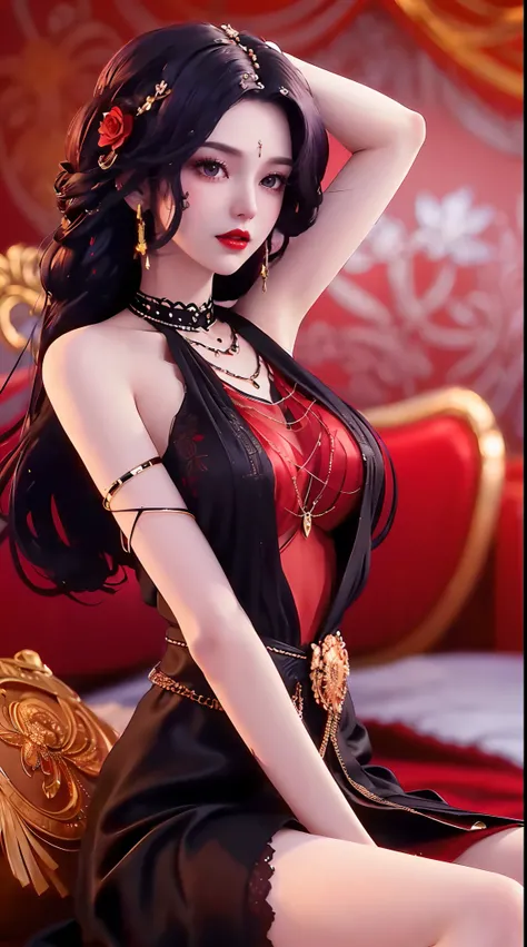 1 beautiful and sexy 20 year old girl, ((wearing a super thin red dress:1.6)), a dress with diamonds, ((long black purple hair:1.6)), bangs, jewelry elaborately made from precious stones and beautiful hair, ((wearing a black lace necklace:1.4))), the noble...