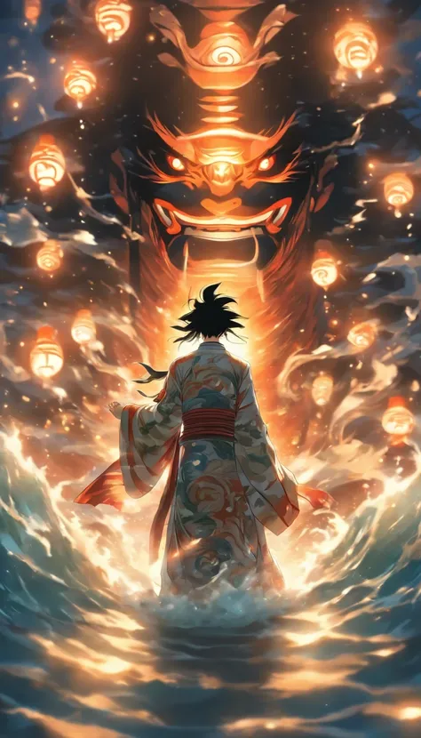 Masterpiece, Best Quality, A young man in the costume of a Japanese god, Long black hair with white stripes, holds a flashlight in the form of an eye in his hand, stands on the surface of the water