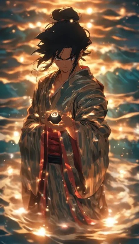 Masterpiece, Best Quality, A young man in the costume of a Japanese god, Long black hair with white stripes, holds a flashlight in the form of an eye in his hand, stands on the surface of the water