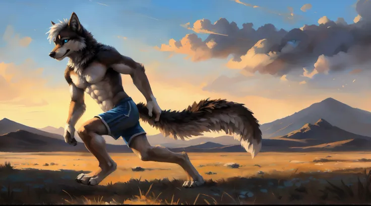 ((Solo)), male people, anthro wolf, (Multi-colored fur, White-brown:1.3), ((Wolf face, White hair, Big eyes, White eyelids, Blue pupil, Slim:1.2) (Tough, Calm expression:1.2)), Abs, Slim, pinging)), (Correct anatomy), (Work shorts:1.1), (Contour bone:1.2),...