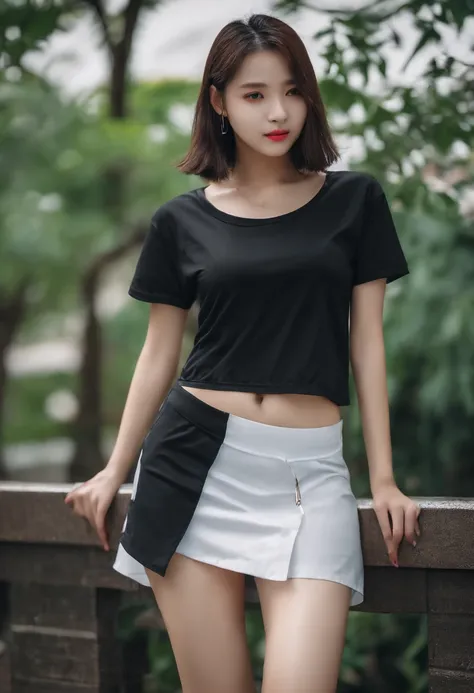 Girl wearing wet t-shirt and mini short JK skirt，full bodyesbian，Slim figure，Oversized bust，slender girl，18 years old girls，ChineseGirl，The T-shirt was torn