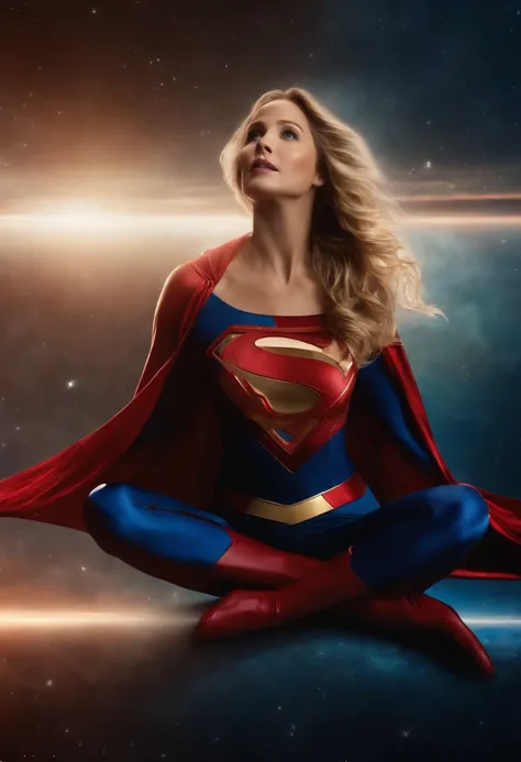 Jennifer Lawerence floating in space as supergirl topless 8k cinematic fine details sexy 35mm film detailed and realistic full body portrait