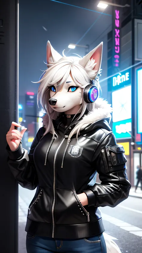 Highly detailed portrait of a woman of a Siberian husky dog standing on a street corner, (anthro, Furry, snout:1.2), whiskers, During a storm with lightning strikes and cloudy skies, neon and cyberpunk background, She wears punk clothes with silver chains ...