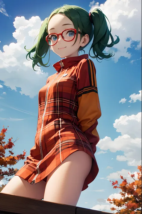 (Masterpiece), (kawaii:1.4), A girl, smiles,(Green tartan plaid dress in Red-orange Based on Wind breaker:1.2)open in front, (not large tasty, Small breasts), (deep blue eyes), (Pale green hair, Short hair, forehead, Small pigtails), (red-half-rimed glasse...