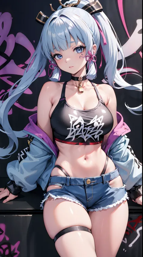 kamisato ayaka|genshin impact, master-piece, bestquality, 1girls,25 years old, oversized breasts, crop top, shorts jeans, oversized breasts, ,bara, crop top, shorts jeans, choker, (Graffiti:1.5), Splash with purple lightning pattern., arm behind back, agai...