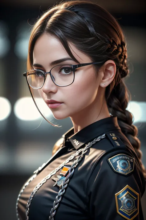 (realista: 1.4), melhor qualidade, ultra high-resolution, 4k, foto para redes sociais , glasses with silver face lens, detalhes intricados , altamente detalhado, Uma garota 25 anos , brown hair with braids , Cop , Musculosa , (uniforme da policia sexy , ca...