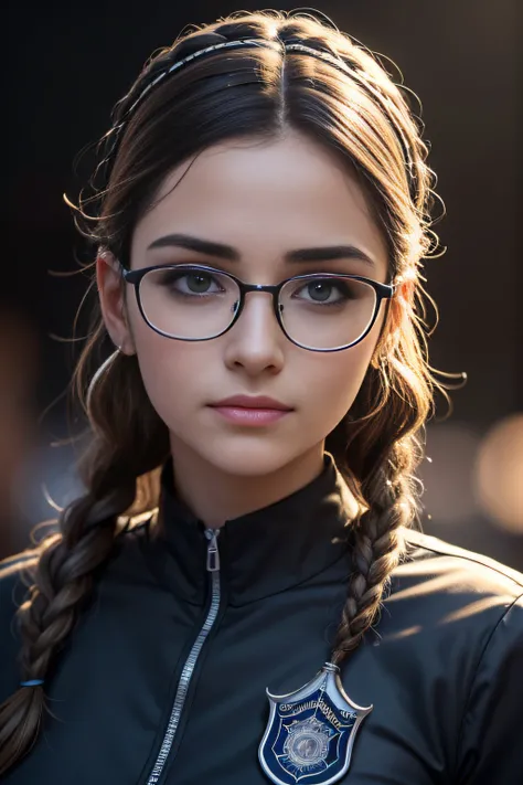 (realista: 1.4), melhor qualidade, ultra high-resolution, 4k, foto para redes sociais , glasses with silver face lens, detalhes intricados , altamente detalhado, Uma garota 25 anos , brown hair with braids , Cop , Musculosa , (uniforme da policia sexy , ca...