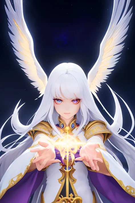 photorealistic photo, beautiful magical girl, tzeentch, outer god, chaos god, white fairy shirt with gold trim, white robe fluttering in the wind, long white hair, fully clothed, perfect face, beautiful, (perfect composition: 1. 4), detailed face and body,...