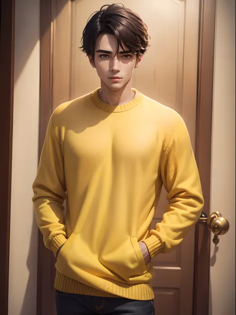 1 young man , sweater yellow blue ,medium straight hair , handsome, masterpiece , 4k , photorealistic , 70mm lens  , masterpiece, photoshoot , in door ,backgound black , good looking,