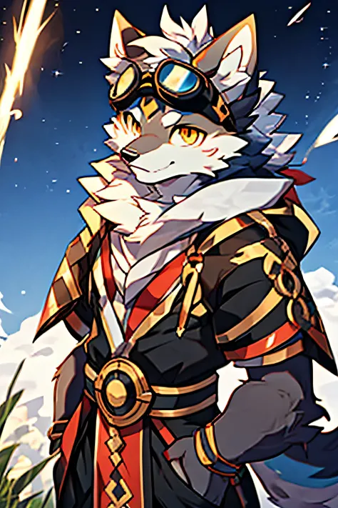 afofuturism，Wolf Clan，White color hair，Wolf ears，Golden eyes，Protective goggles，Blushlush，male people，solo person，magia，Divine sense top light