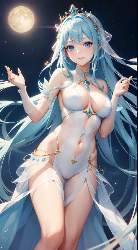 Pretty girl、A charming smile、Blue Long Hair、Engaging pose、See-through white costume、Fantasia、Crystal jade、constellation、a moon、Fantastic background