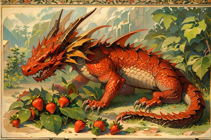 ((nobody)) 
Vintage Victorian style, Precise old encyclopedia (best quality:1.2), (detailed:1.2), (masterpiece:1.2), vintage illustrations of small strawberry dragon, berry dragon, red dragon, strawberries