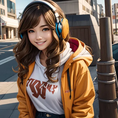 Young lady, age 23, long wavy hair [[[middle part hair cut]],  Brown hair color, Tomboy clothing, hoodie, wearing headphone [[[solo girl]]], smile at camera, 8k resolution, depth, collage enviroment. Bright clothing color, mature body, B cup breast,