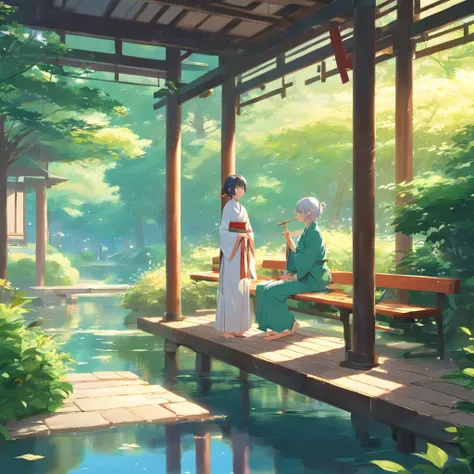 Two-dimensional, Ancient style, Spring Garden, En plein air, White hair, Hanfu, Nature, There is a pond in the middle of the courtyard, Begonia floating on a pond, Girl sitting on a bench in the hallway,  Boy sitting on a bench in the hallway，Wear a transp...