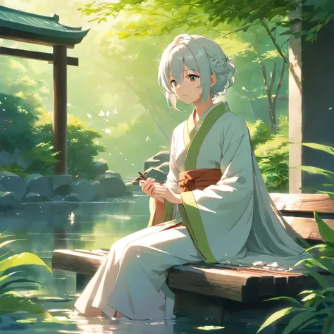 Two-dimensional, Ancient style, Spring Garden, En plein air, White hair, Hanfu, Nature, There is a pond in the middle of the courtyard, Begonia floating on a pond, Girl sitting on a bench in the hallway,  Boy sitting on a bench in the hallway，Wear a transp...