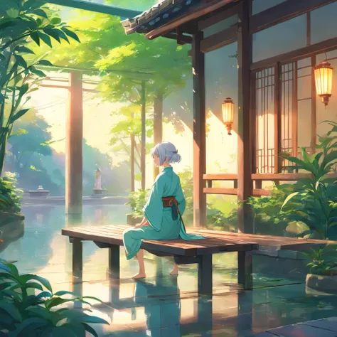 Two-dimensional, Ancient style, Spring Garden, En plein air, White hair, Hanfu, Nature, There is a pond in the middle of the courtyard, Begonia floating on a pond, Girl sitting on a bench in the hallway,  Boy sitting on a bench in the hallway，Wear a transp...