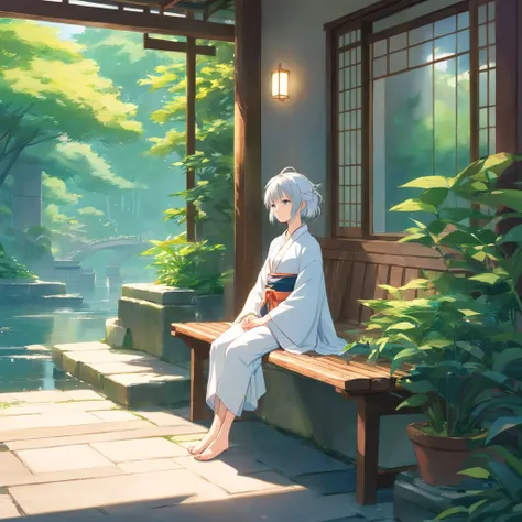 Two-dimensional, Ancient style, Spring Garden, En plein air, White hair, Hanfu, Nature, There is a pond in the middle of the courtyard, Begonia floating on a pond, Girl sitting on a bench in the hallway,  Boy sitting on a bench in the hallway，Wear a transp...