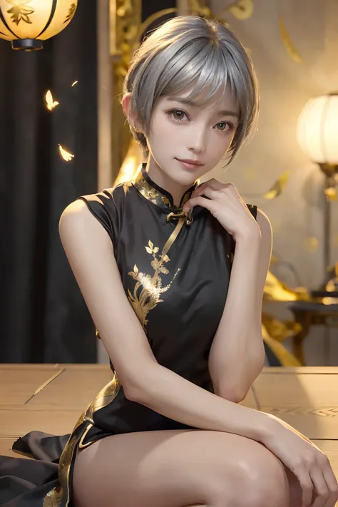 ((top-quality、8K、​masterpiece:1.3)), (Cute pattern in gold leaf,  Black Cloth Cheongsam:1.5), Clear, Fine-grained skin、Beautiful clear eyes、cleavage of the breast、Carefree and natural smile、(a pixie cut,Silver hair:1.5)、(Hair disheveled in the wind:1.3)、、B...