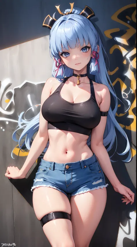 kamisato ayaka|genshin impact, master-piece, bestquality, 1girls,25 years old, oversized breasts, crop top, shorts jeans, oversized breasts, ,bara, crop top, shorts jeans, choker, (Graffiti:1.5), Splash with purple lightning pattern., arm behind back, agai...