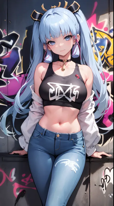 kamisato ayaka|genshin impact, master-piece, bestquality, 1girls,25 years old, proportional body, elongated legs, Beautiful, proportional., crop top, Long Jeans, mediuml breasts, ,bara, crop top, choker, (Graffiti:1.5), Splash with purple lightning pattern...