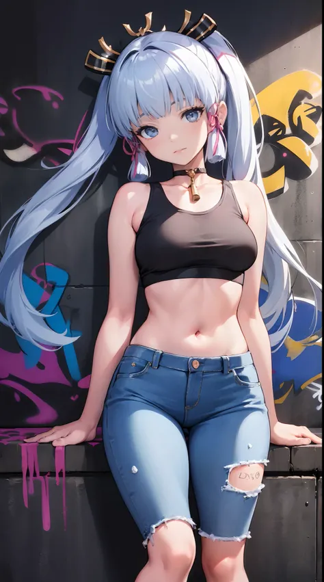 kamisato ayaka|genshin impact, master-piece, bestquality, 1girls,25 years old, proportional body, elongated legs, Beautiful, proportional., crop top, Long Jeans, mediuml breasts, ,bara, crop top, choker, (Graffiti:1.5), Splash with purple lightning pattern...