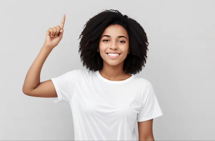 Smiling woman in white shirt pointing upwards with both hands, jovem mulher negra, mulher jovem negra, foto da mulher jovem, Foto de uma mulher, foto de uma mulher negra, Mulher jovem sorridente, mulher jovem atraente, uma jovem fofa, Mulher jovem afro-ame...