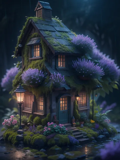 imagine in a small town on a rainy night, in the garden of a house, streetlamp, color, a little moss, shady house in a forest in stormy weather, Lavender, flower, Miki Asai Macro photography, close-up, hyper detailed, trending on artstation, sharp focus, s...