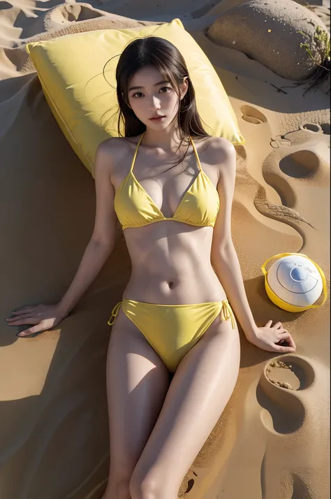 araffe woman in a yellow bikini posing on a beach, young pretty gravure idol, 奈良美智, young gravure idol, young sensual gravure idol, in yellow bikini, realistic young gravure idol, aoi ogata, sophisticated gravure idol, deayami kojima, ai yazawa, japanese m...