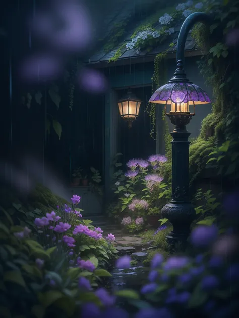 imagine in a small town on a rainy night, in the garden of a house, streetlamp, color, a little moss, shady house in a forest in stormy weather, Lavender, flower, Miki Asai Macro photography, close-up, hyper detailed, trending on artstation, sharp focus, s...