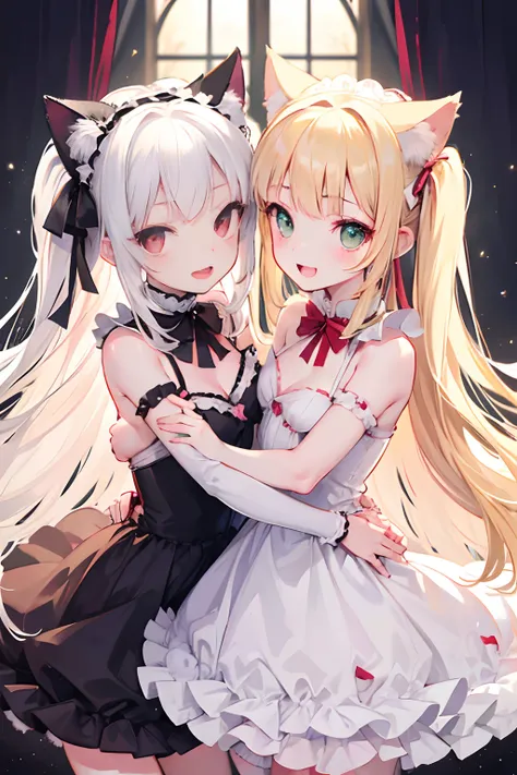 NSFW,Two Little Girls,Bring nipples to nipples together,Hugging,show off nipple,a blond,silber hair，Green eyes,red eyes,Cat ears，Lolita clothes,lolita,Lori,Smile with open mouth,Top image quality,Best Quality