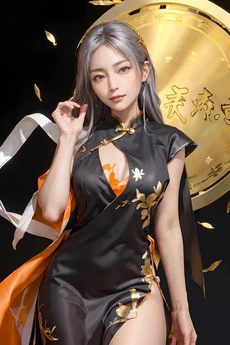 ((top-quality、8K、​masterpiece:1.3)), (Cute pattern of gold leaf,  of black cloth, Cheongsam trimmed in orange:1.5), Clear, Fine-grained skin、Beautiful clear eyes、cleavage of the breast、Carefree and natural smile、(Longhaire,Silver hair:1.5)、(Hair disheveled...