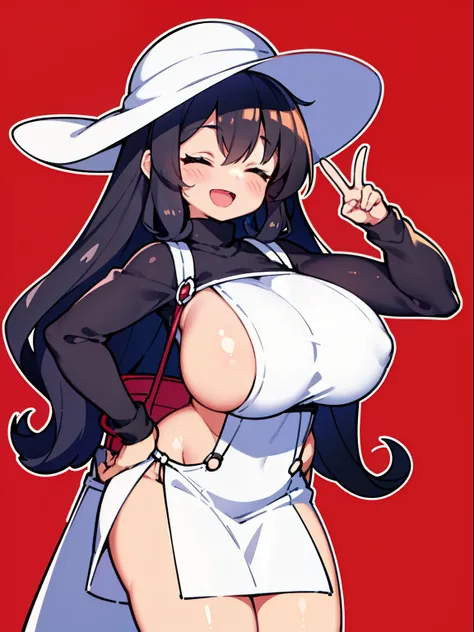 Best quality, (masterpiece:1.2), 1girl, super tall, black turtleneck sweater, no sleeves, super long curly coiled black hair with super curly bangs, white sunhat, white pleated skirt, red shoulder bag, suspenders, dark toned skin, red background, massive b...