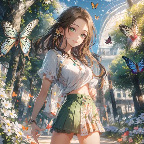 CG, unity, 8k, wallpaper, (masterpiece), (best quality),(1girl:1.3),best lighting, complex pupils, complex textile, detailed background, park, evening, sunny, upper body, from front, smiling, slender, smooth skin, green eyes, white blouse, denim skirt, san...