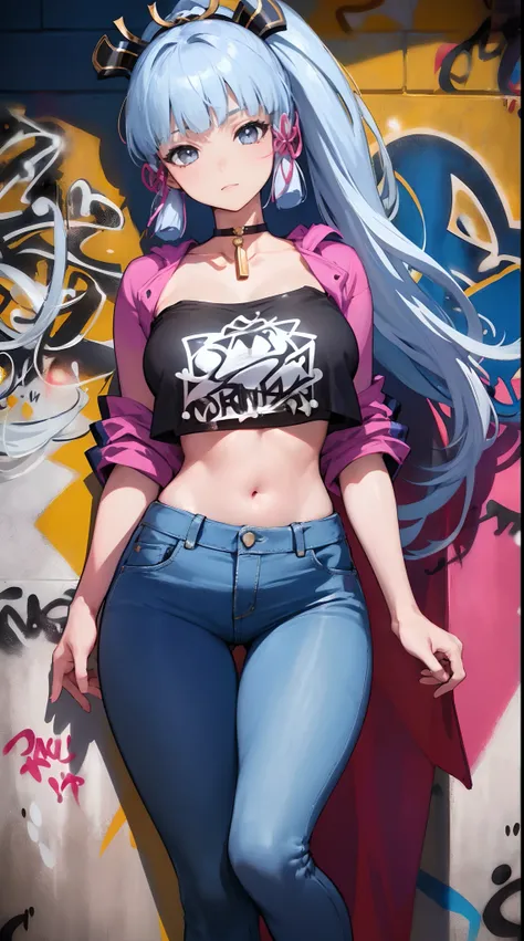 kamisato ayaka|genshin impact, master-piece, bestquality, 1girls,25 years old, proportional body, elongated legs, Beautiful, proportional., crop top, Long Jeans, mediuml breasts, ,bara, crop top, choker, (Graffiti:1.5), Splash with purple lightning pattern...