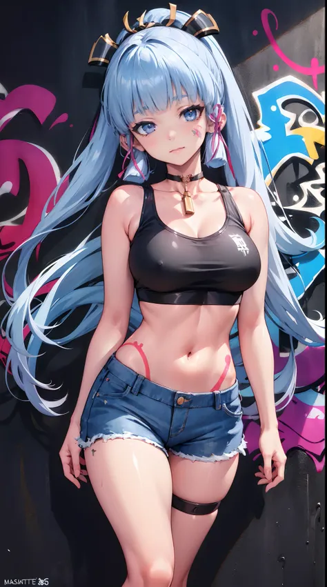 kamisato ayaka|genshin impact, master-piece, bestquality, 1girls,25 years old, oversized breasts, crop top, shorts jeans, oversized breasts, ,bara, crop top, shorts jeans, choker, (Graffiti:1.5), Splash with purple lightning pattern., arm behind back, agai...