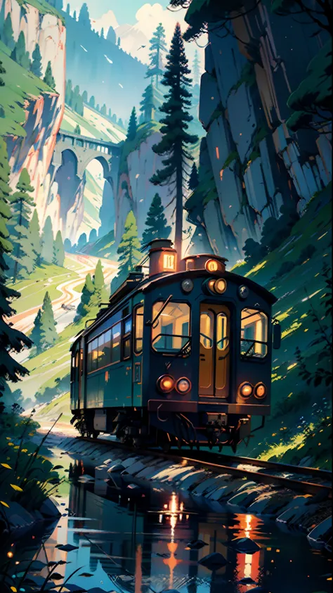 Train in motion, in the mountains, forest, sea, cozy city, happiness, retro, full color, multicolor, artful, top detail, super quality, fine details, highlights, neon lights, masterpiece