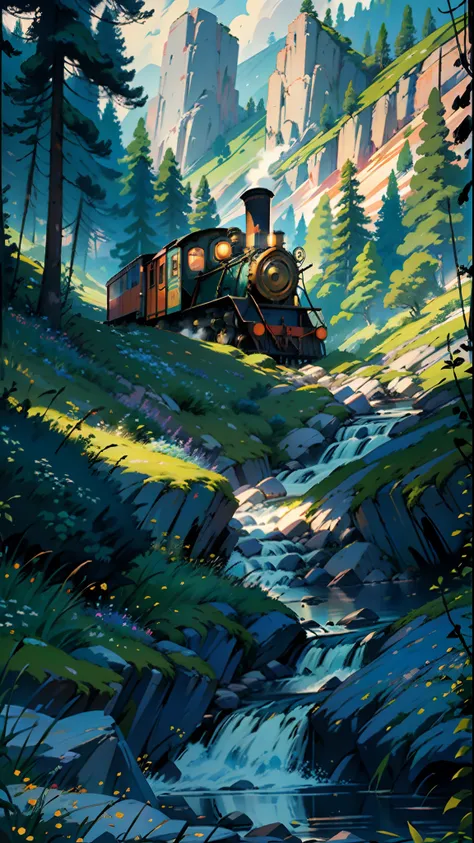 Train in motion, in the mountains, forest, sea, cozy city, happiness, retro, full color, multicolor, artful, top detail, super quality, fine details, highlights, neon lights, masterpiece