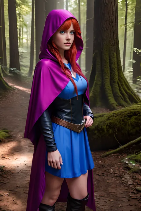 UHD 8K scene, hyper-real photo quality, beautiful young woman, red hair, bright blue eyes, short pink dress with thief outfit, purple hooded cape, character Sheila from Dungeons and Dragons, in the middle of a forest