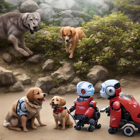 Robots playing with dogs, roupas vermelhas