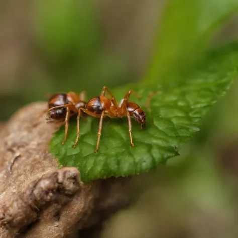 there are two small bugs on a leaf in the garden, a macro photograph by Edward Corbett, unsplash, fine art, looming over ant pov, tiny insects, sitting on a leaf, ant view, jumping spider, pov of an ant, ant perspective, infested with pitch green, insects,...