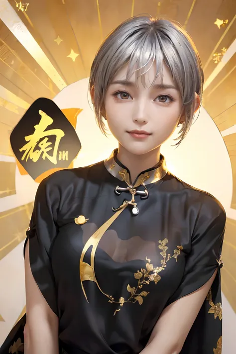 ((top-quality、8K、​masterpiece:1.3)), (Cute pattern in gold leaf,  Black cloth, Cheongsam trimmed in orange:1.5), Clear, Fine-grained skin、Beautiful clear eyes、cleavage of the breast、Carefree and natural smile、(a pixie cut,Silver hair:1.5)、(Hair disheveled ...