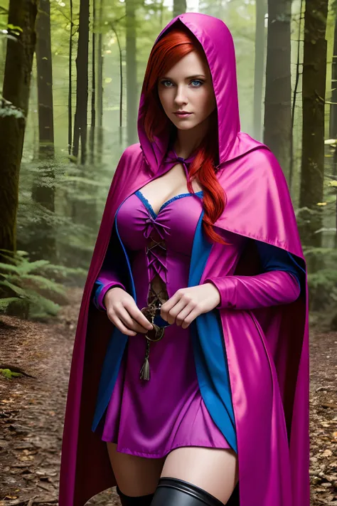 UHD 8K scene, hyper-real photo quality, beautiful young woman, red hair, bright blue eyes, short pink dress with thief outfit, purple hooded cape, character Sheila from Dungeons and Dragons, in the middle of a forest