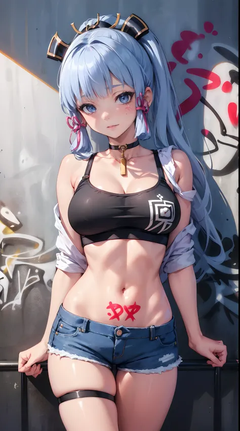 kamisato ayaka|genshin impact, master-piece, bestquality, 1girls,25 years old, oversized breasts, crop top, shorts jeans, oversized breasts, ,bara, crop top, shorts jeans, choker, (Graffiti:1.5), Splash with purple lightning pattern., arm behind back, agai...