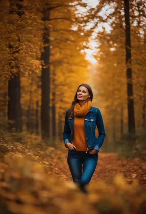 tall girl, lange Beine, Jeans, Wald, Herbst, kleiner Mann