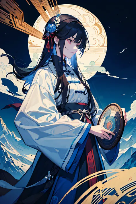 femele，Mature and beautiful，long whitr hair，Blue Chinese antique clothes，zither，mountain peaks，crescent，the night，The shadow of the little wolf，There is a brown light around it