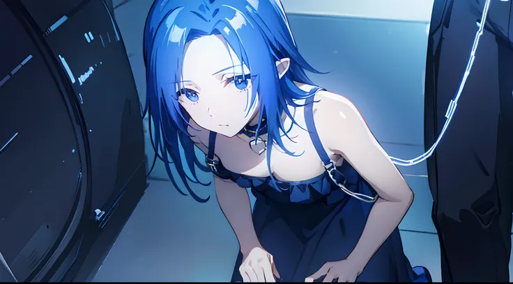 Blue hair,Dark Blue,, crawl,collar,leash