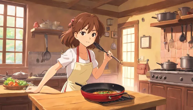 flat anime style shading, anime woman, anime-style character, Flat anime style,house wife、There is a frying pan, Brown hair, aprons, powerful posing、kitchin, Powerful anime girl,illustratio、